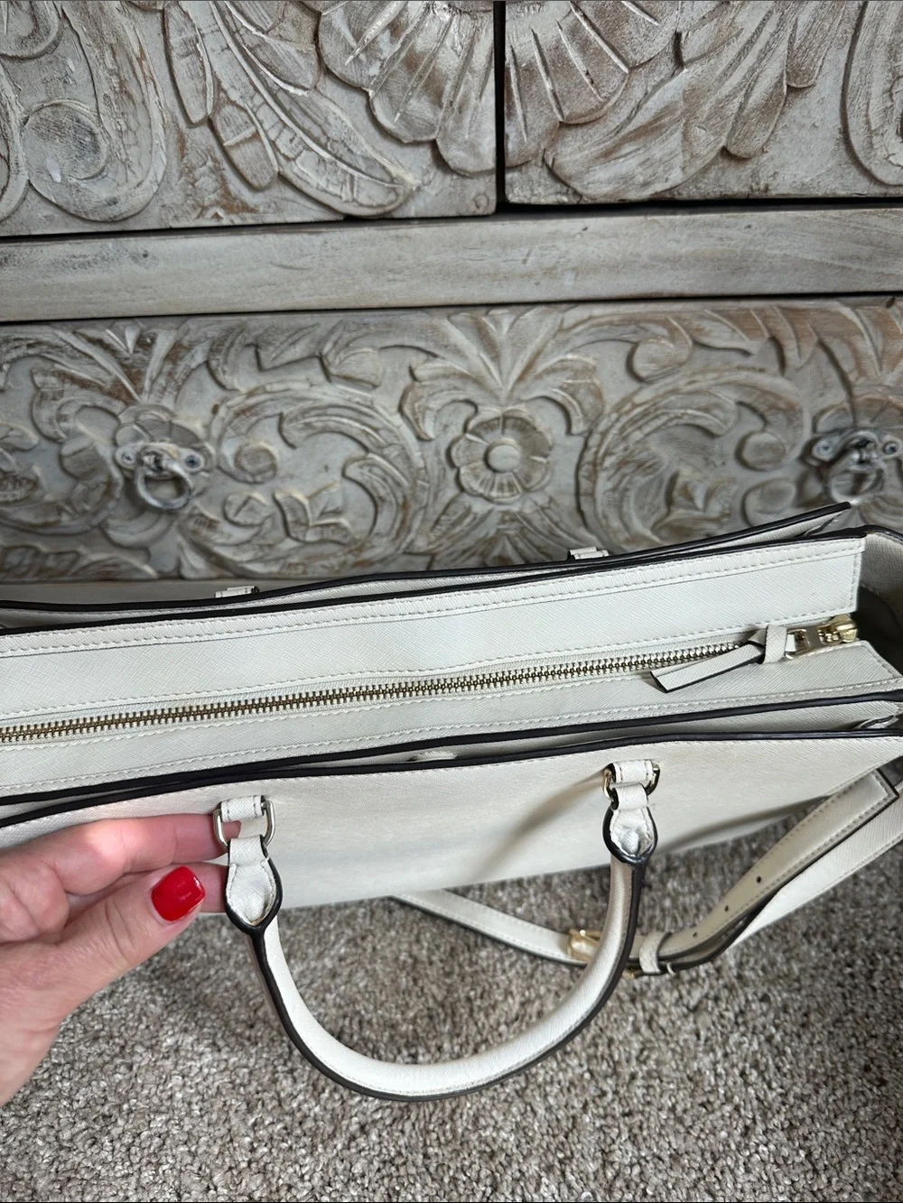 Tory Burch Cream Saffiano Leather Satchel with Detachable Strap